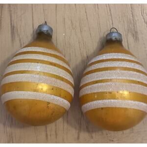 2 VTG Mercury Glass Yellow Glitter Striped XMAS Ornaments Shiny Brite 40s 50s ??